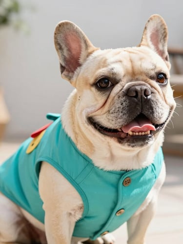 Close-up eye-level shot of a happy French Bulldog wearing a vibrant teal handmade vest, sitting comfortably in a bright sunlit patio, shallow depth of field.