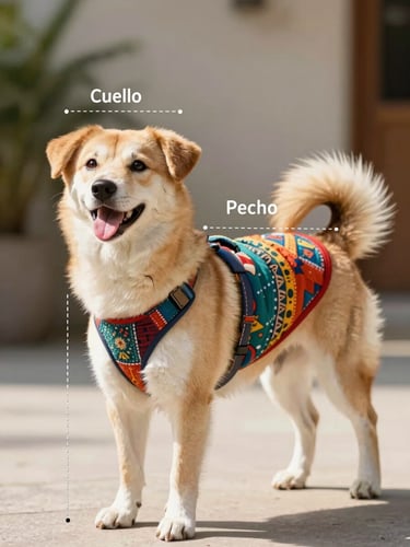 An illustrative, clear diagram of a happy dog standing sideways, with soft dashed lines indicating where to measure Cuello, Pecho, and Largo, bright natural lighting, friendly style.