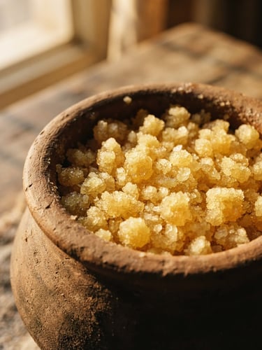 Macro close-up of golden, granular Bilona A2 cow ghee crystallized inside a traditional clay jar, warm directional golden-hour window light casting soft shadows, rich saturated earth tones, 35mm film texture.