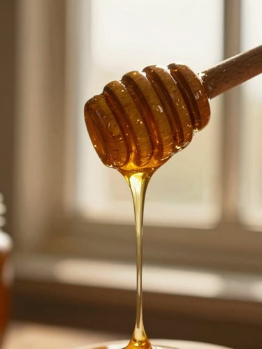 Macro close-up of golden raw honey slowly dripping from a wooden honey dipper, warm directional window light, rich amber tones, soft focus background.