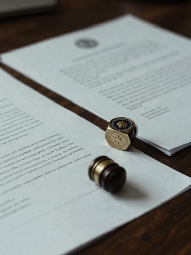A close-up of official legal documents with official stamps on a dark wooden desk, dramatic side-lighting, cool desaturated tones