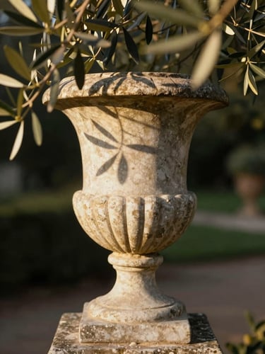 A close-up of a matte stone garden urn, soft dappled golden-hour light filtering through olive branches, rich organic textures, 35mm