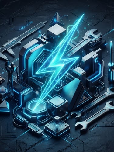 Sleek 3D render of abstract geometric shapes, glowing electric blue lightning bolt, and stylized metallic tools against a dark slate background, isometric perspective, cinematic lighting, no text.