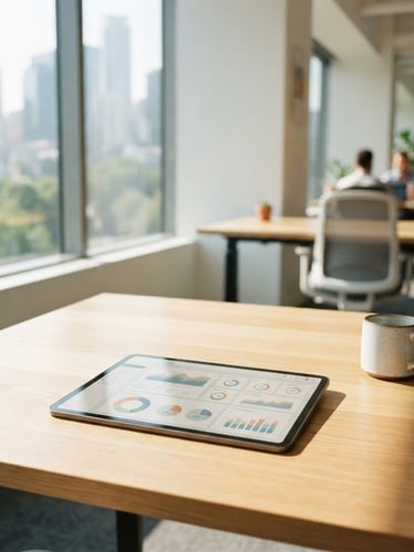 A clean, modern office workspace with sunlight streaming through a window, a tablet showing a clear dashboard interface resting on a wooden table, 35mm photography