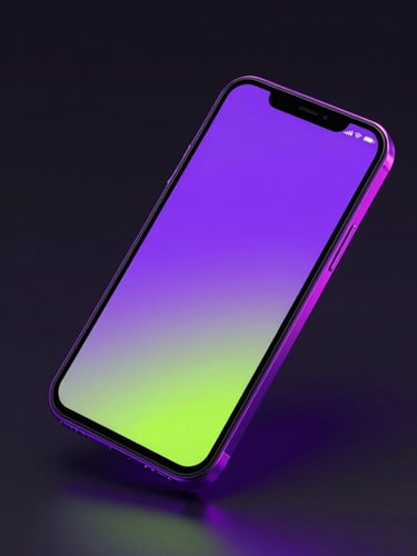Sleek 3D digital render of an isometric Android device mockup displaying a vibrant purple and lime custom app interface, dark background, neon glassmorphism, fluid gradients, high-contrast studio lighting with magenta rim lights, sharp focus