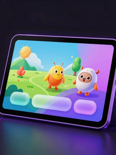 Sleek 3D digital render of a modern Android tablet displaying a colorful educational game, rounded glassmorphic buttons, playful character illustration floating nearby, dark background with electric violet rim light.