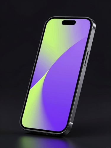 Sleek 3D digital render of an angled Android phone showing a calm wellness interface. Dark background, neon glassmorphism, fluid electric violet and cyber lime gradients, high-contrast studio lighting, sharp focus.