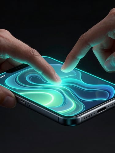 Extreme close-up of hands interacting with a glowing physical mobile screen, displaying a fluid physics-based animation, dark background, neon glassmorphism, fluid gradients, high-contrast studio lighting with cyan rim lights, sharp focus
