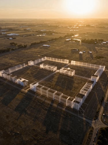 High-altitude drone photography of a master-planned land plot, golden hour low-sun angle casting long shadows, architectural wireframe lines overlaid on raw terrain, wide-angle lens