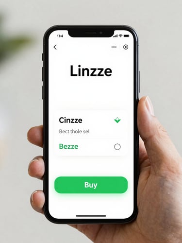 High-fidelity mobile screen displaying a Linzze checkout template with a prominent green buy button, bright daylight, neutral background, 35mm lens
