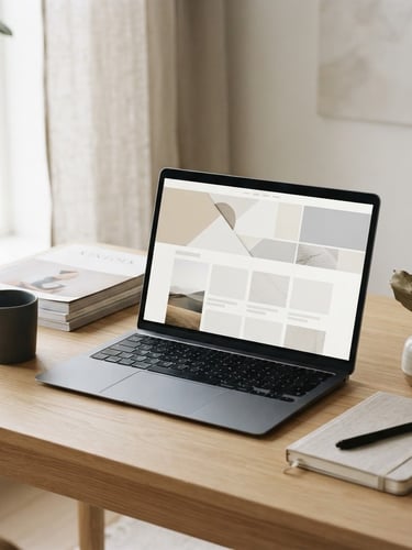 A minimalist editorial workspace with a high-fidelity laptop mockup showing a clean website layout, soft natural window light, muted neutral tones, sharp focus, 35mm
