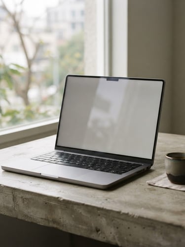 Minimalist laptop mockup on a concrete desk, soft natural window light casting gentle shadows, muted neutral tones, editorial 35mm photography