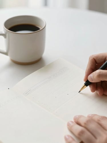 A close-up of hands sketching a clean web wireframe on a paper notebook next to a ceramic coffee mug, soft morning light, minimalist editorial photography, 35mm