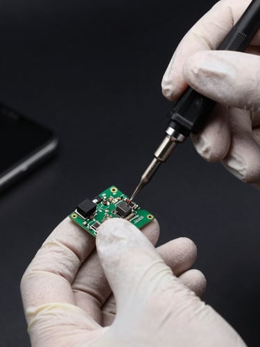 Macro photography of hands wearing anti-static gloves performing delicate soldering on a smartphone logic board under clean laboratory lighting