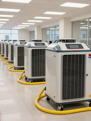 Wide shot of an orderly water mitigation containment zone in a commercial lobby, industrial LGR dehumidifiers with yellow power cords neatly routed, clinical bright lighting.