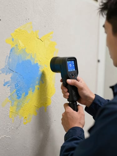 Tight shot of a technician in a navy uniform holding a thermal imaging camera showing high-contrast yellow and blue moisture boundaries on a drywall surface, bright clinical lighting