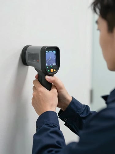 Tight clinical shot of a technician in a navy uniform holding a thermal imaging camera against a wall, bright clinical lighting, clear moisture boundaries visible on the screen, clean environment.