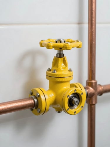 A clean, modern utility room with a clearly labeled bright yellow main water shutoff valve on a copper pipe, clinical bright lighting, sharp focus.