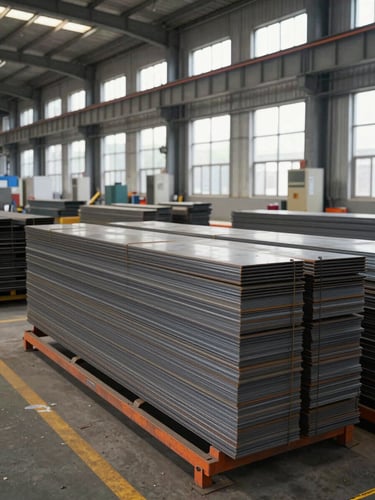 Wide-angle industrial documentary photo of a modern factory floor, raw steel components stacked neatly, natural daylight filtering through high warehouse windows, sharp focus, 35mm.