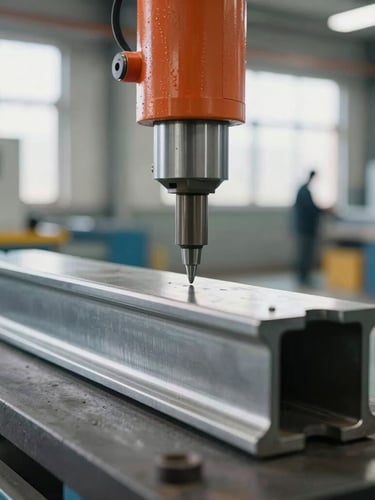 Close-up of a precision quality control check on a steel component, bright industrial warehouse daylight, sharp focus, 35mm