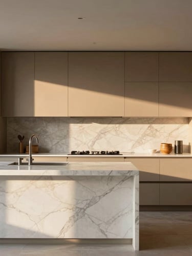 Architectural portrait of a premium kitchen design, matte lacquered cabinetry, veined white marble island, soft golden hour sunlight, high-end editorial style