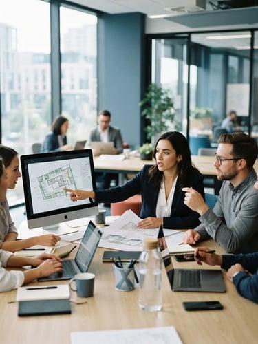 A modern, bright collaborative professional office workspace with focused professionals in action, cool blue and slate tones, shallow depth of field, 35mm