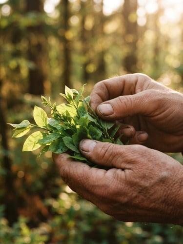 Close-up of sacred green leaves held gently by weathered hands, soft golden hour sunlight filtering through trees, rich earthy tones, shallow depth of field, 35mm film