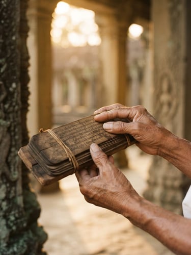 Close-up of hands holding an ancient palm-leaf manuscript, soft golden hour sunlight filtering through temple columns, shallow depth of field, warm editorial style