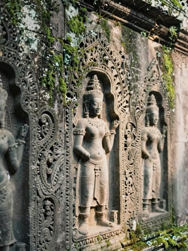 Details of ancient stone carvings on a temple wall, soft morning light, muted forest green moss, shallow depth of field, 35mm film look