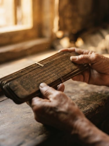 A close-up shot of hands gently holding an ancient palm-leaf manuscript under soft, golden-hour window light, shallow depth of field, 35mm film look.