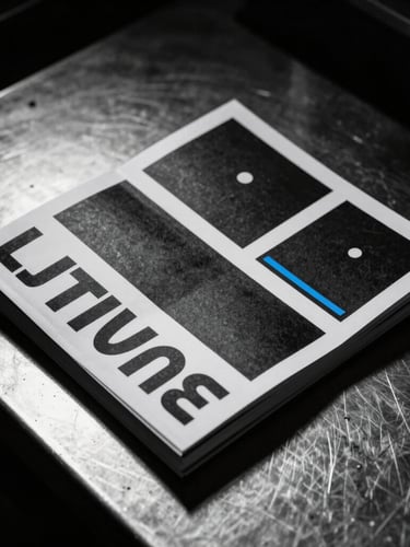 Dramatic close-up of a physical campaign mockup book lying on a steel work table, harsh studio key light, deep shadows, stark monochrome aesthetic, 35mm film