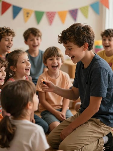 Close-up documentary shot of a children's party animator kneeling at eye level with a small group of children, all laughing mid-game, warm tungsten light, colourful bunting in soft focus behind them, natural joy visible on every face