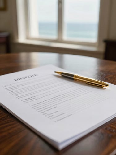 Elegant close-up of legal documents on a dark wooden desk with soft coastal window light, gold pen, professional atmosphere