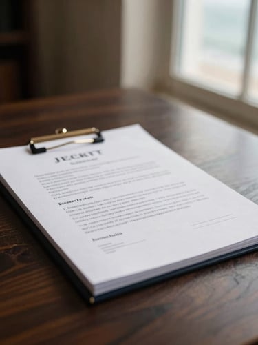 Elegant legal documents on dark wood under soft coastal daylight, shallow depth of field, 35mm