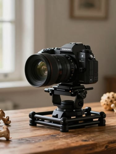 A professional camera rig positioned over a rustic wooden table covered in seasonal squash and wild mushrooms, natural window light.
