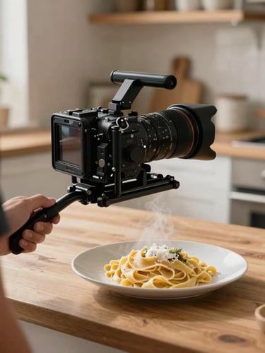 Tactile over-the-shoulder shot of a professional camera rig positioned over a steaming plate of fresh handmade pasta in a naturally lit Scandinavian-style kitchen, soft side-lighting, warm wood textures.