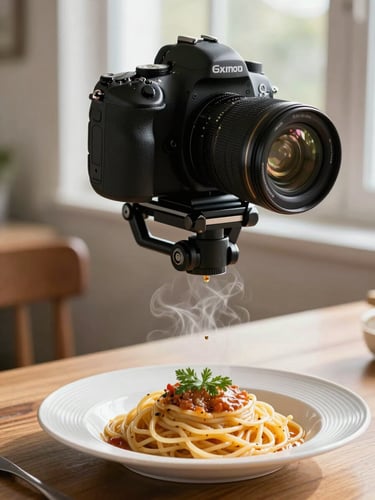 A high-end DSLR camera mounted on a sleek rig over a steaming, freshly plated pasta dish, soft natural window light casting gentle shadows, wooden table background.