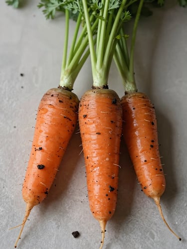 Tactile portrait shot of freshly harvested heirloom carrots with damp soil clinging to them, soft Scandinavian morning light, neutral background.