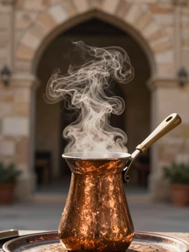 Intimate close-up of steam rising from a copper dallah coffee pot, warm natural golden-hour light illuminating a stone archway in the background.