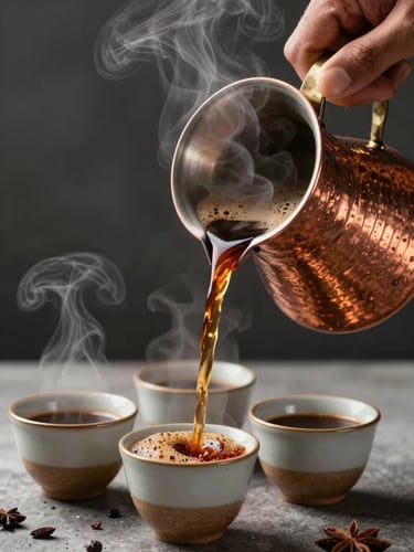 A close-up shot of hands pouring hot, cardamom-scented coffee from a copper dallah into small ceramic finjan cups, steam rising beautifully.