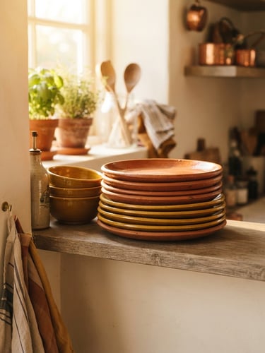 A cozy, sun-drenched kitchen shelf displaying stacked terracotta and mustard yellow ceramic plates, soft morning light casting gentle shadows, shallow depth of field.