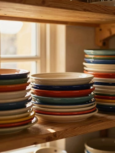 Tight close-up of colorful stacked stoneware plates in open kitchen shelving, warm golden-hour window light, shallow depth of field