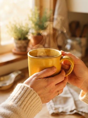 Intimate close-up of hands cradling a warm, bright mustard yellow ceramic mug, steam rising gently, sun-drenched kitchen background with golden-hour window light, shallow depth of field, warm editorial photography.