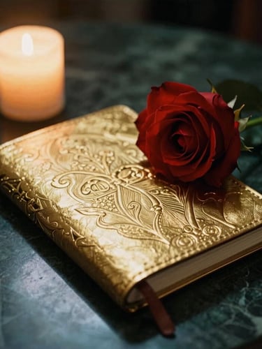 A close-up of a gold-embossed leather journal open on a dark marble table, illuminated by warm candlelight, with a single scarlet rose resting beside it, soft chiaroscuro lighting, 35mm film texture