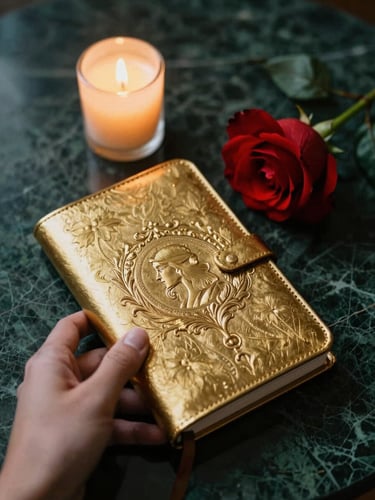 A close-up of a hand holding a gold-embossed leather journal under warm candlelight, a single scarlet rose resting beside it on a dark marble surface