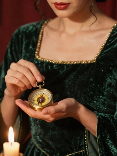A close-up portrait of an elegant woman in deep green velvet regalia, holding a brass vintage compass in her hands, warm candlelight, dramatic shadows, 35mm film texture.