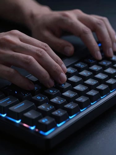 Sleek tech photography, close-up of hands typing code on a mechanical keyboard, cool low-key studio lighting with subtle blue neon accents, 35mm