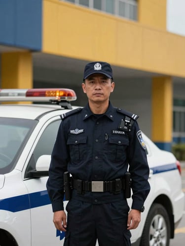 Medium shot of a professional security officer in a crisp, dark uniform, standing confidently beside a marked patrol vehicle with amber lightbars, sharp daylight, clean commercial building exterior in the background, deep navy and amber tones, portrait aspect.