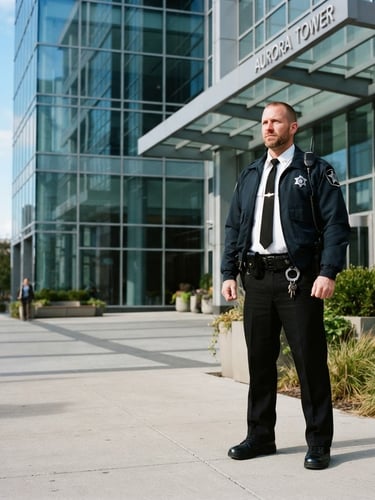 Professional, uniformed security officer standing watch in front of a modern commercial building, sharp daylight, deep navy and amber tones, high contrast, 35mm lens, officer on right