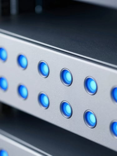 Macro close-up of a high-end clean server rack with blue status lights, cool crisp studio lighting, deep slate and white tones, sharp focus, 35mm lens